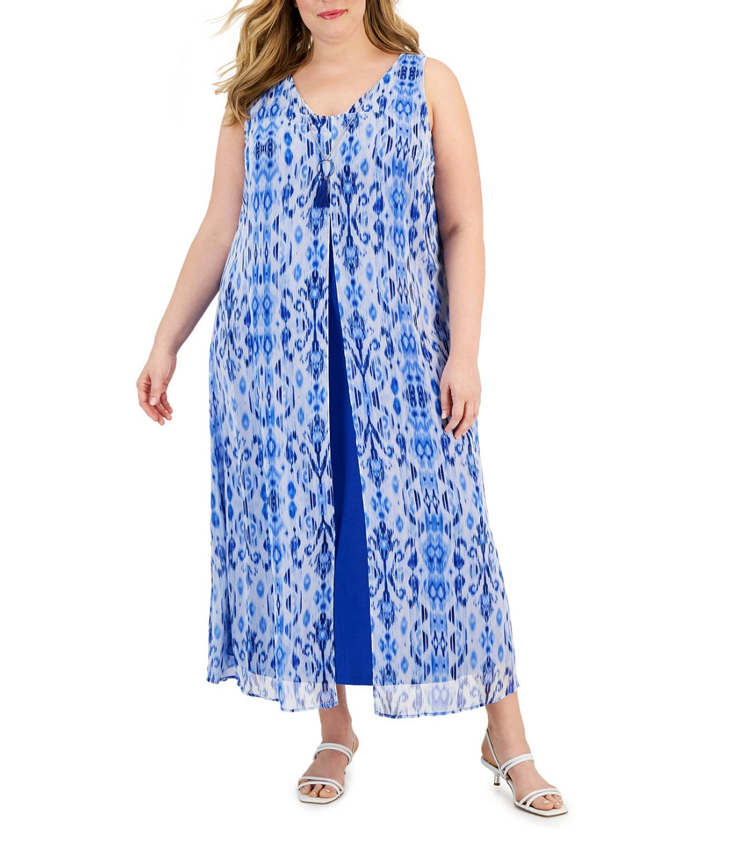 JM Collection Women's Chiffon-Overlay Maxi Dress Deep Cobalt Combo Plus Size