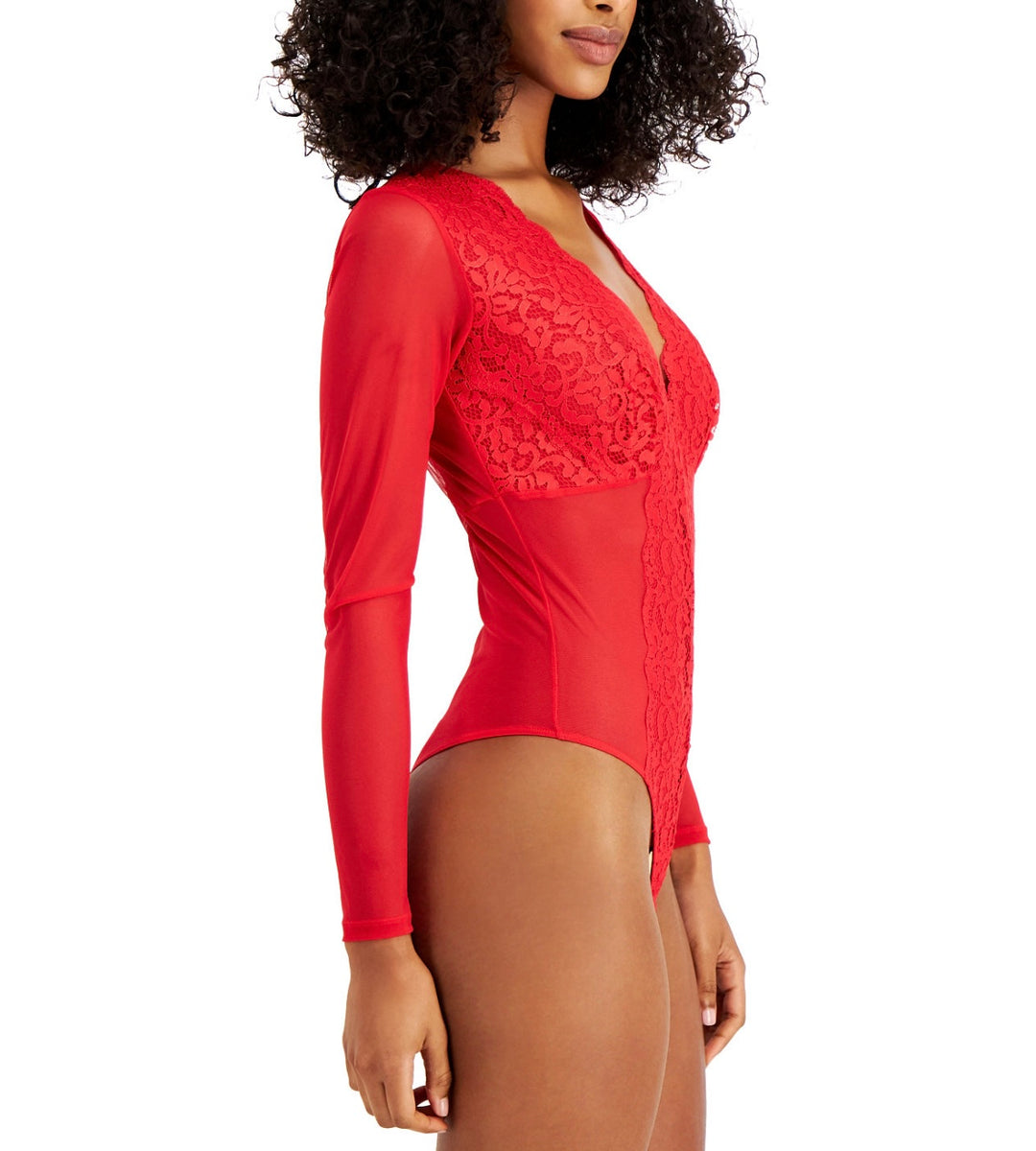 INC International Concepts Women's Not So Basic Long-Sleeve Lace Mesh Bodysuit