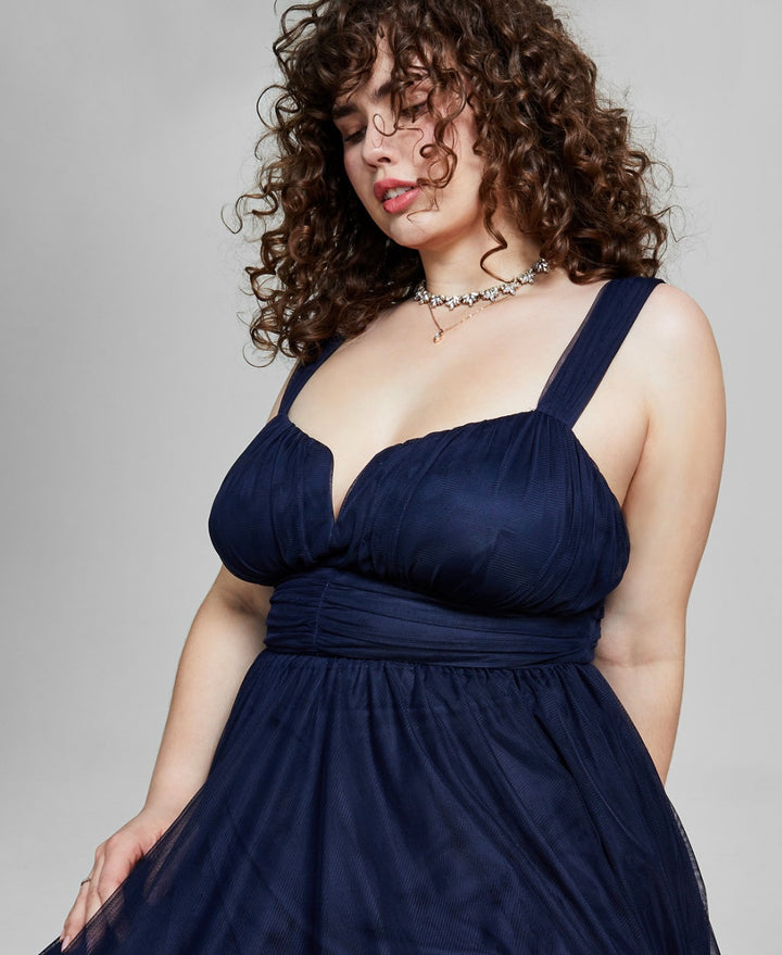 City Studio Women's Mesh Ruched Evening Dress Navy Ink Plus Size 18W