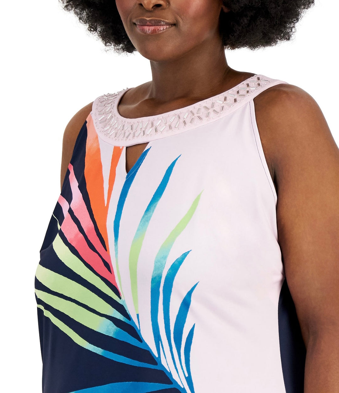 JM Collection Women's Palm-Print Beaded Sleeveless Dress Plus Pink Gem Combo