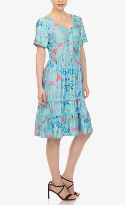 White Mark Women's Floral Short Sleeve Knee Length Dress Blue Size L