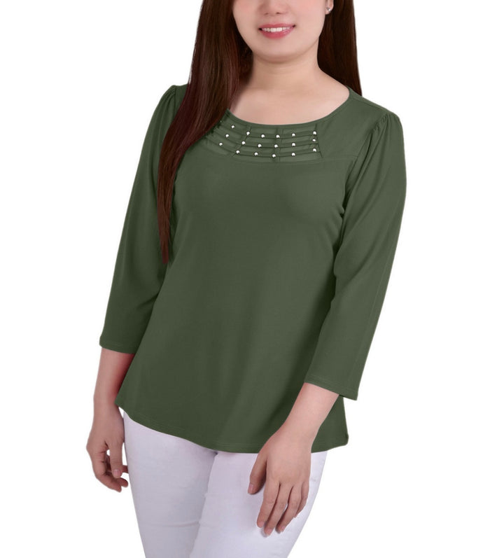 NY Collection Women's 3/4 Sleeve Crepe Knit Top Olivine Petite Size PM