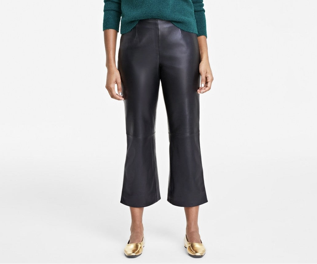 On 34th Women's Leather Kick-Flare Pants Deep Black Size 8