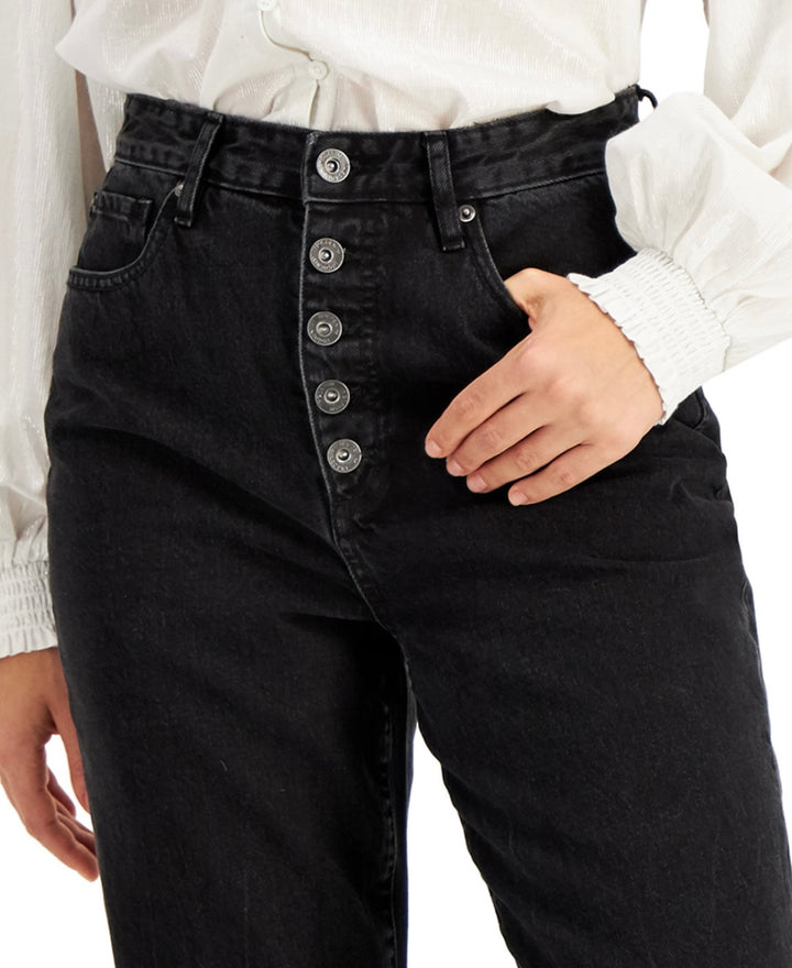 INC International Concepts Women's High Rise Button-Fly Mom Jeans Black