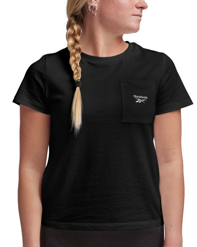 Reebok Women's Active Small-Logo Pocket Cotton T-Shirt Black Size M