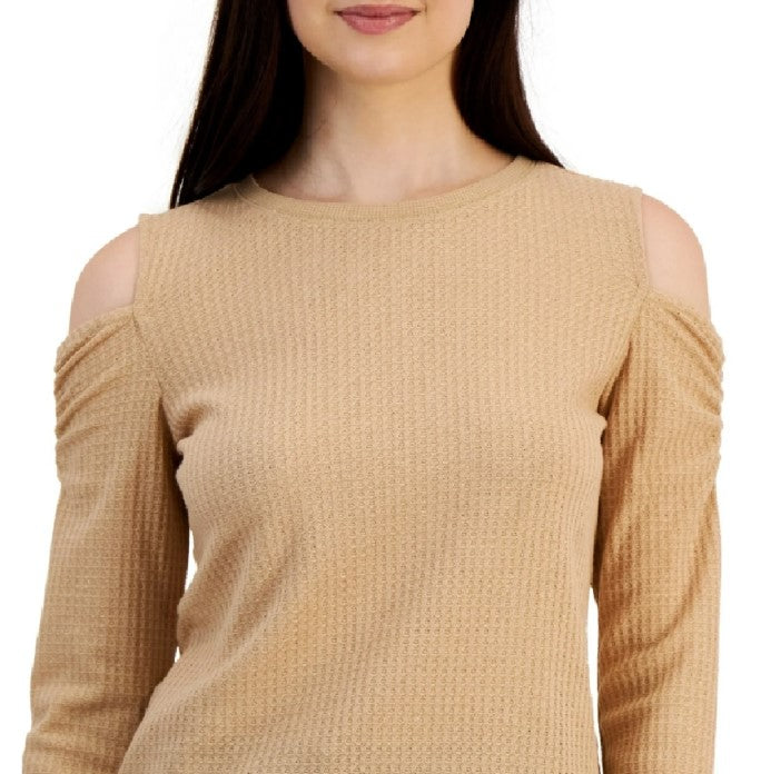 Tommy Hilfiger Women's Metallic Waffled Long Sleeve Cold-Shoulder Shirt Camel