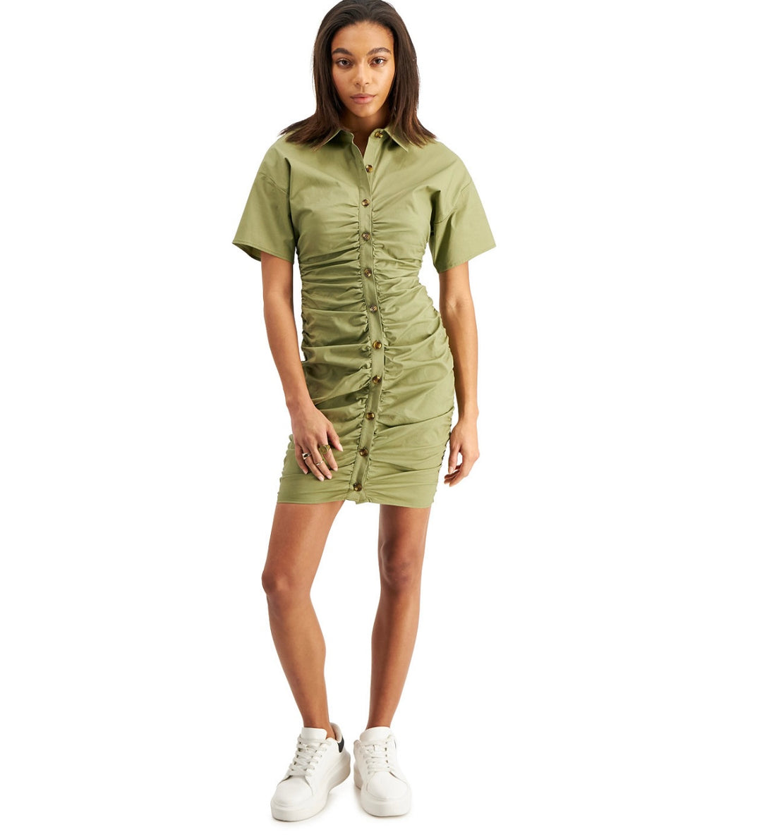 And Now This Women's Point Collar Button-Front Dress Olive Size S