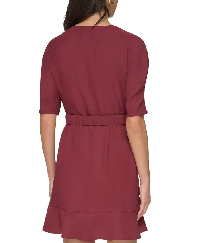 DKNY Women's Short Sleeve Belted Faux Wrap Mini Dress Cabernet Size XL