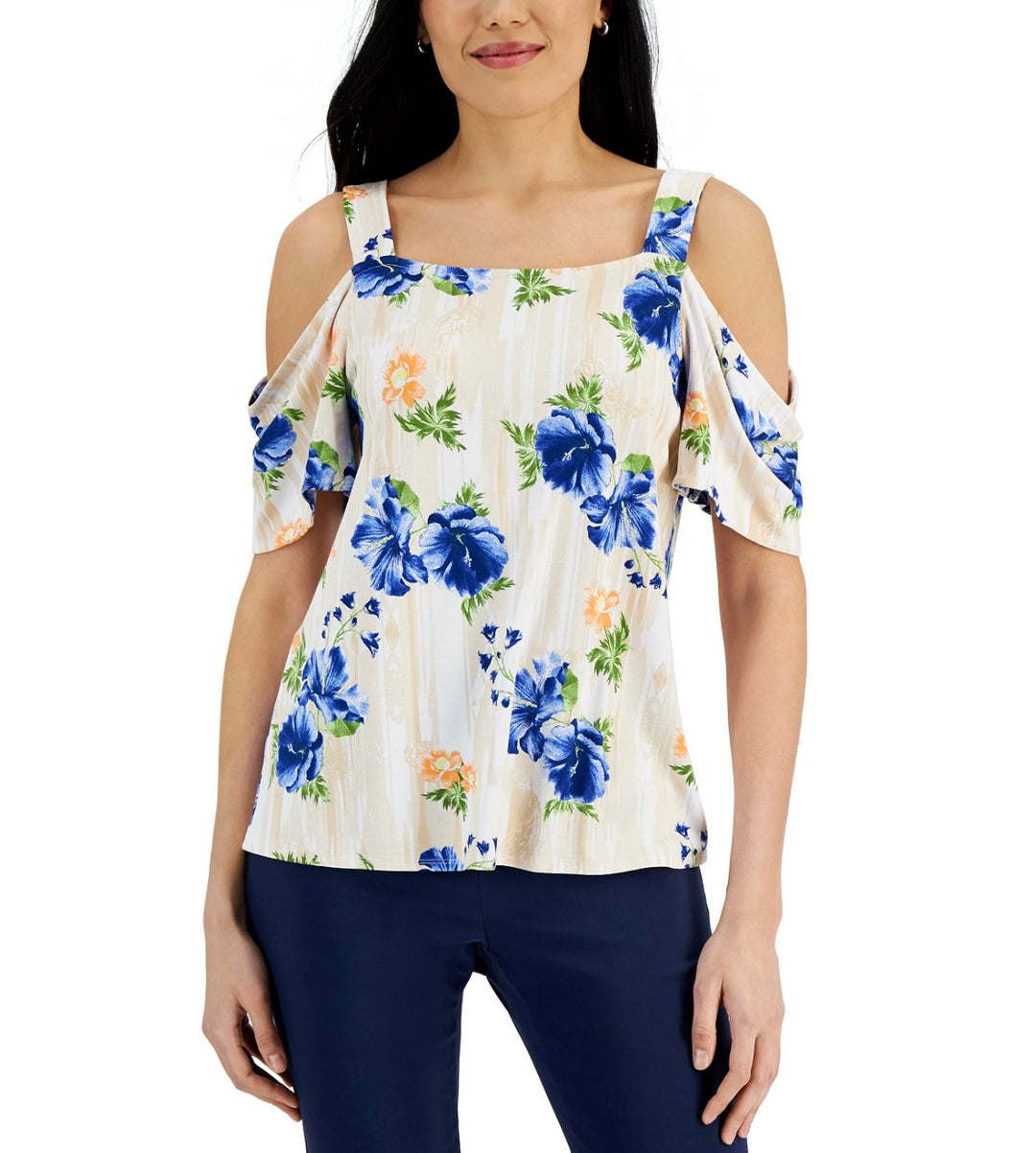 JM Collection Women's Printed Cold-Shoulder Top Deep Cobalt Combo Size XS