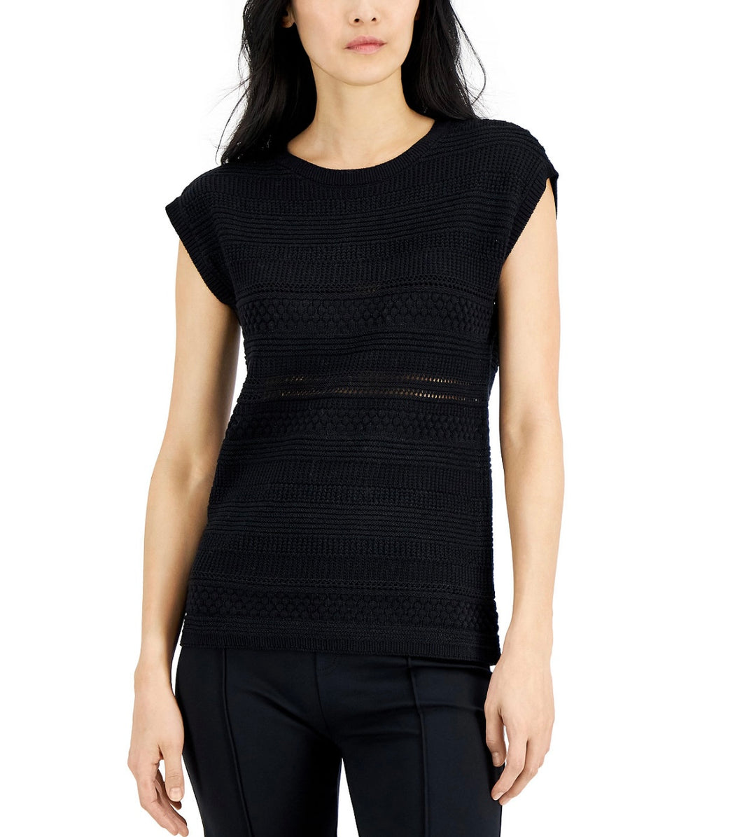 Alfani Women's Mixed-Stitch Cap-Sleeve Sweater Deep Black Size S