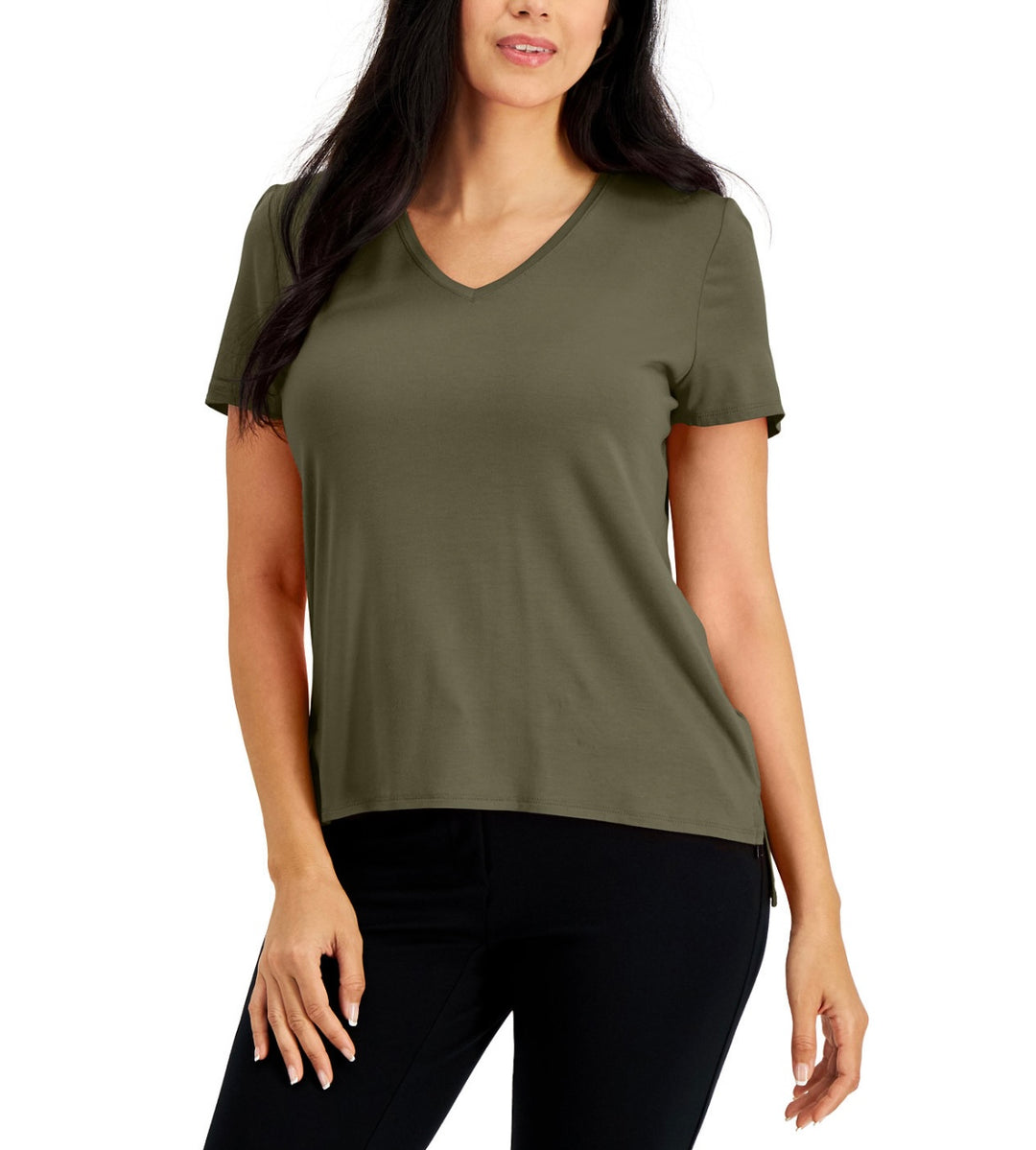 Alfani Women's V-Neck Knit Short-Sleeve T-Shirt Burnt Olive