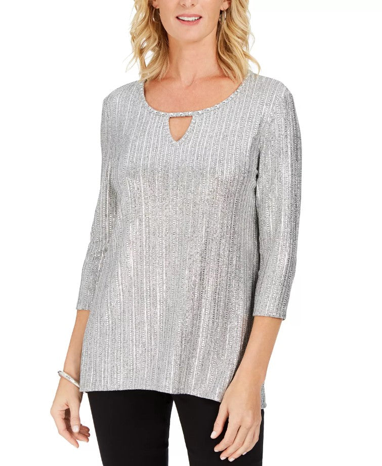 JM Collection Women's Metallic Ribbed Keyhole Top Silver Petite Size PL