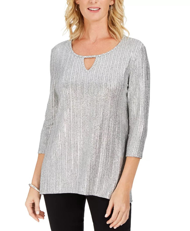 JM Collection Women's Metallic Ribbed Keyhole Top Silver Petite Size PL
