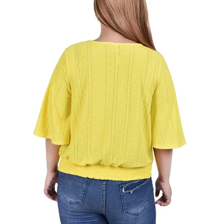 NY Collection Women's Smocked Hem Knit Eyelet Top Vibrant Yellow Size XL