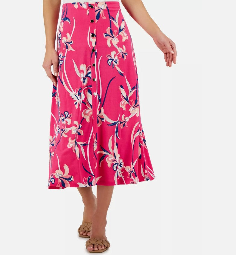 JM Collection Women's Printed Button-Front Skirt Fuchsia Purple Combo Size M