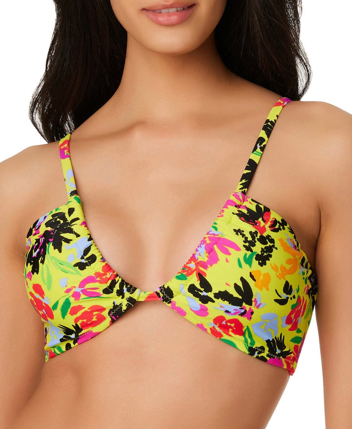 Bar III Women's Yellow Floral Chic Convertible Bikini Top Citron Size M