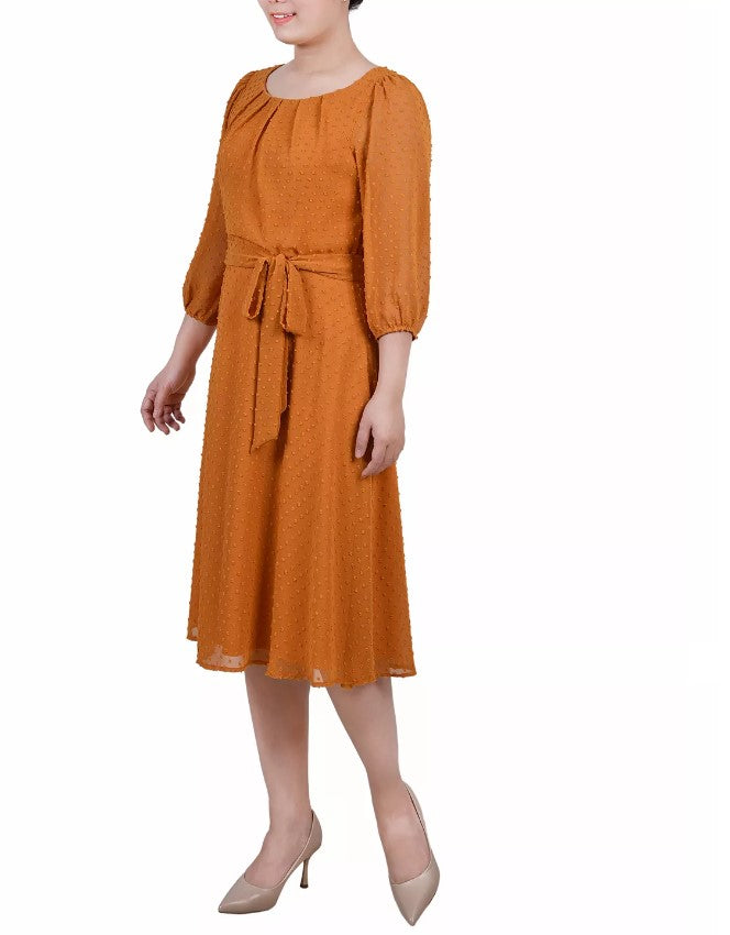 NY Collection Women's 3/4 Sleeve Clip Dot Dress Inca Gold-Tone Petite Size PM