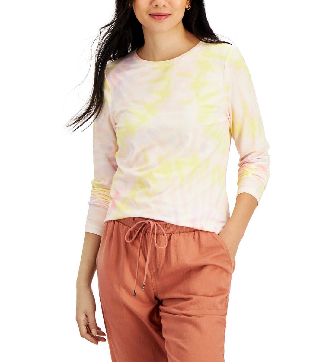 Style & Co. Women's Tie-Dyed Long-Sleeve T-Shirt Spin Dye Multi Petite Size PXXL