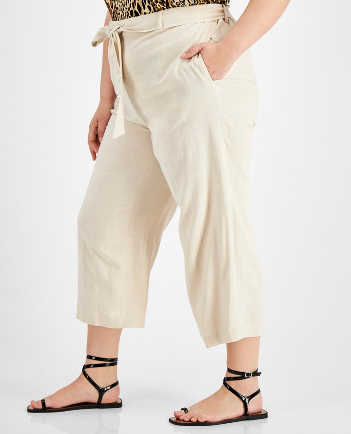 Bar III Women's High Rise Pockets Straight Leg Tie-Waist Pants Flax