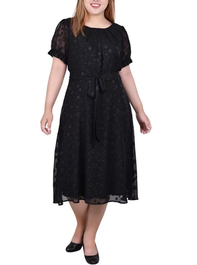 NY Collection Women's Short Sleeve Belted Swiss Dot Dress Black Plus Size 2X
