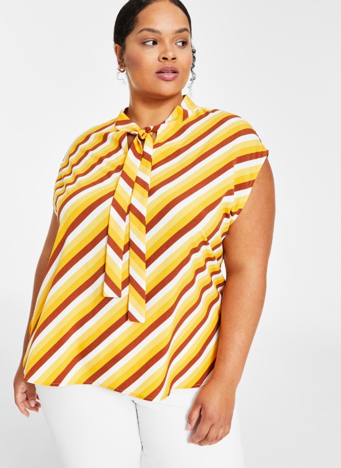 Bar III Women's Sleeveless Tie-Neck Blouse Honey Multi Plus Size 2X