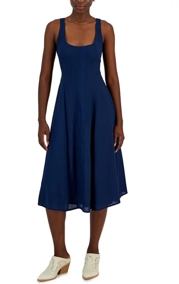 And Now This Women's Linen-Blend Seamed Midi Dress Dark Blue Size M