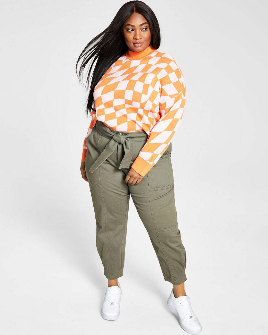Bar III Women's Long Sleeve Cropped Sweater Max Check Plus Size 3X