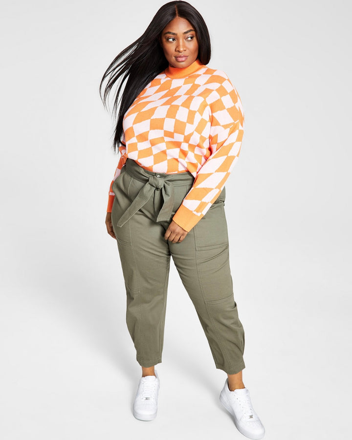 Bar III Women's Long Sleeve Cropped Sweater Max Check Plus Size 3X