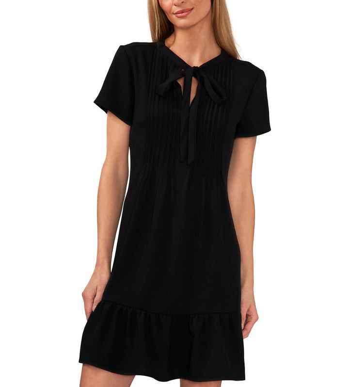 CeCe Women's Pintucked Tie-Neck Short-Sleeve Dress Black Size 6