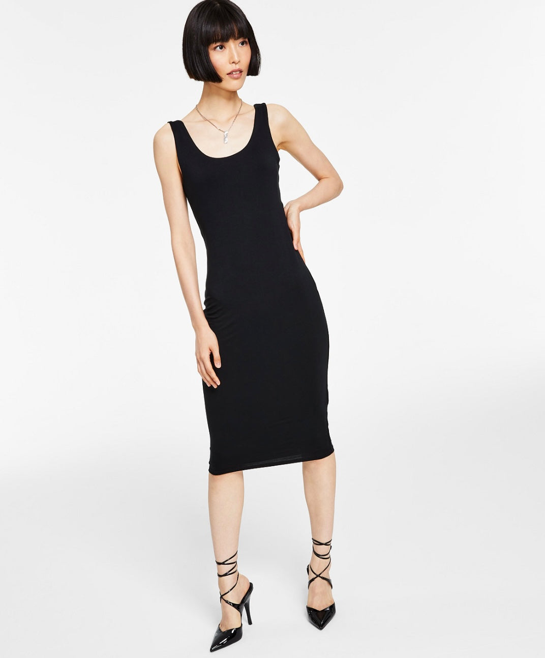 Bar III Women's Sleeveless Bodycon Scoop-Neck Midi Dress Black Petite Size PP