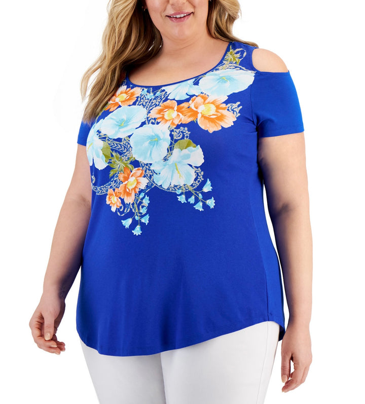 JM Collection Women's Tropic Floral Cold-Shoulder Top Deep Blue Combo Plus Size