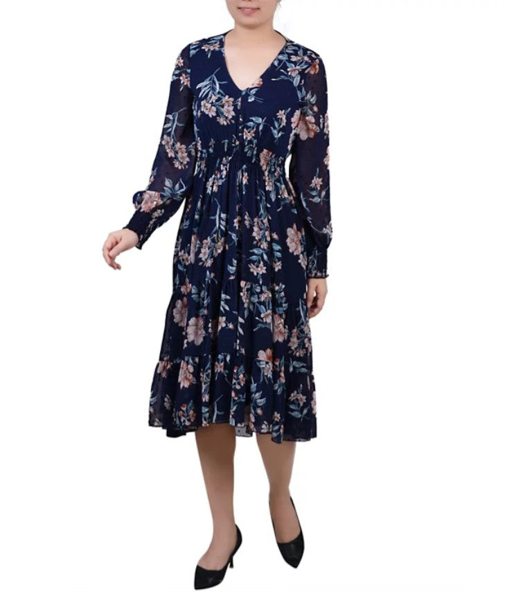 NY Collection Women's Long Sleeve Clip Dot Chiffon Dress Navy Hydrolily Size S