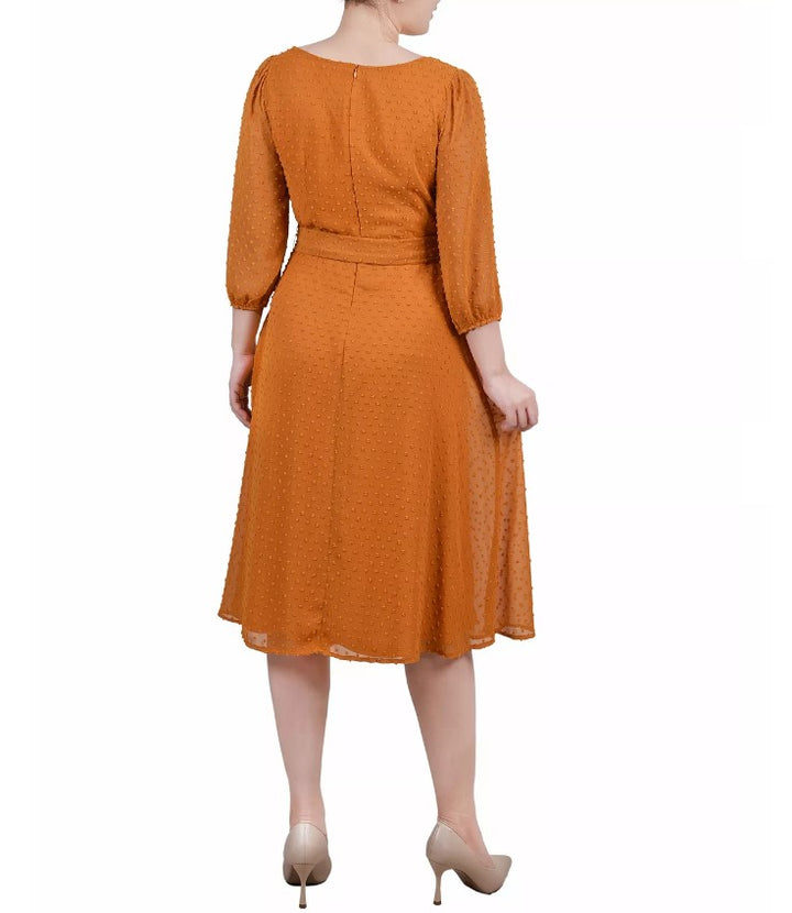 NY Collection Women's 3/4 Sleeve Clip Dot Dress Inca Gold-Tone Petite Size PM