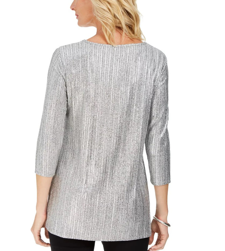 JM Collection Women's Metallic Ribbed Keyhole Top Silver Petite Size PL
