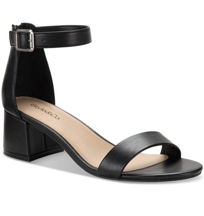 Style & Co. Women's Janiee Faux Leather Block Heel Sandals Black Size 7