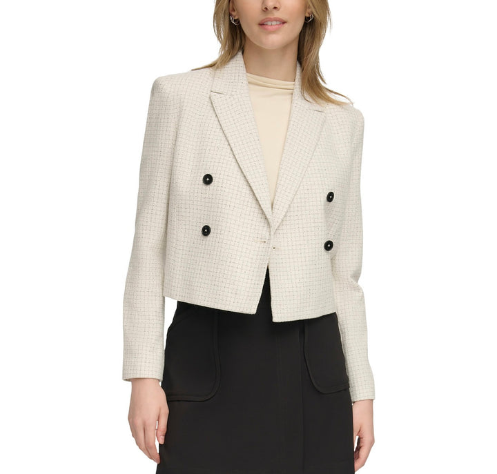 Calvin Klein Women's Double-Breasted Tweed Blazer Cream Multi Size 14