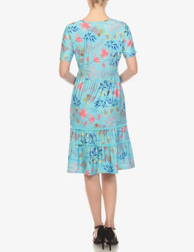 White Mark Women's Floral Short Sleeve Knee Length Dress Blue Size L