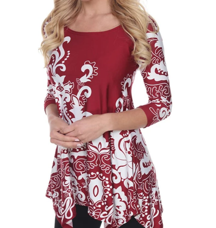 White Mark Women's 3/4 Sleeve Asymmetric Yanette Tunic Top Dark Red Size L