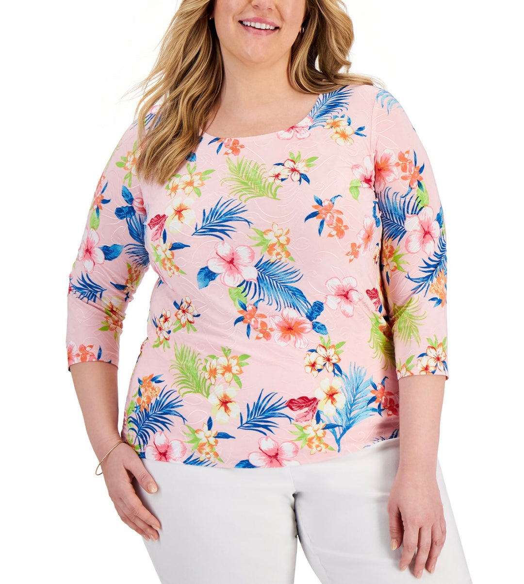 JM Collection Women's Scoop Neckline 3/4 Sleeve Floral Jacquard Top Plus Size 0X