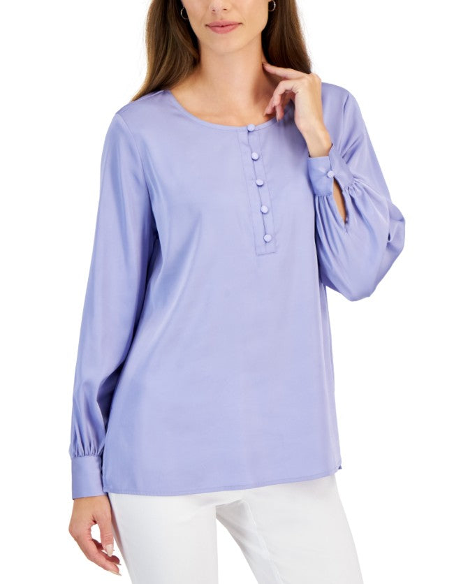 JM Collection Women's Long Sleeve Satin Split-Neck Top Light Lavender Size XL