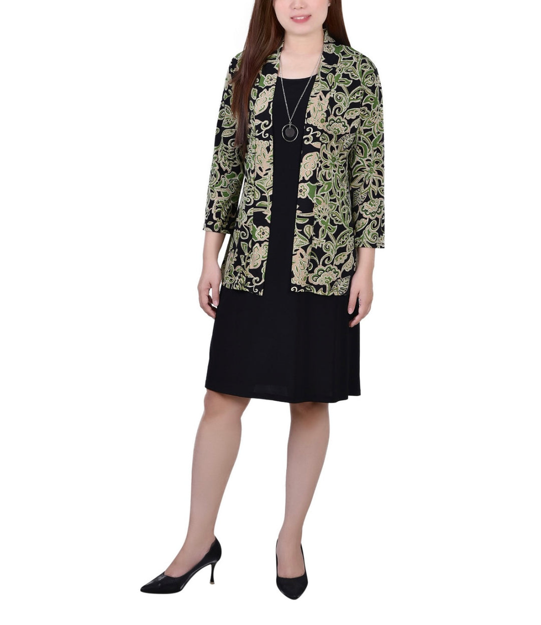 NY Collection Women's Two Piece Dress Set Avocado Black Petite Size PM