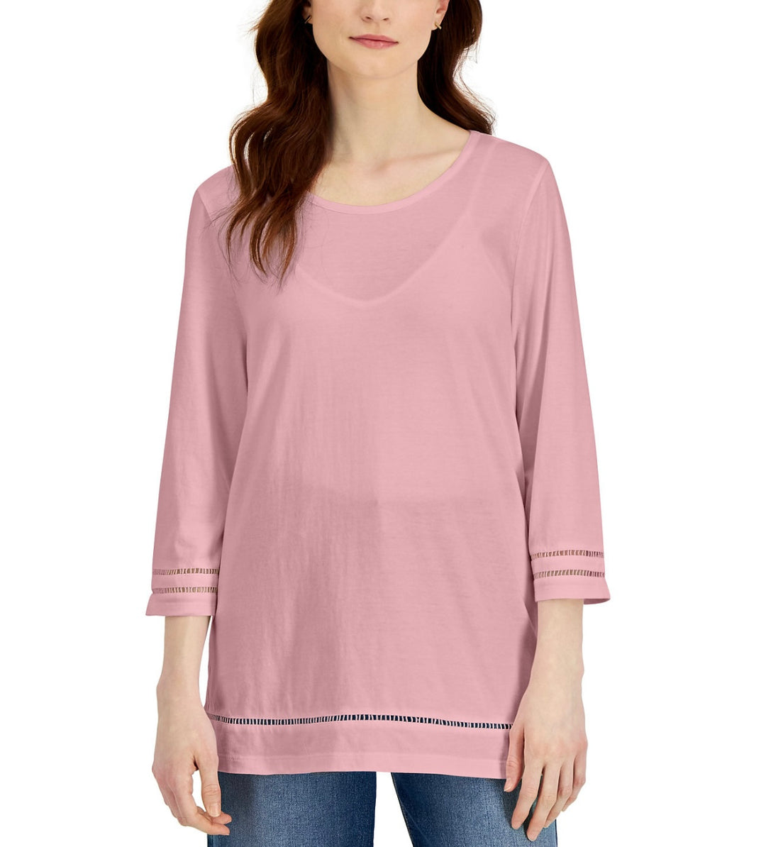 Karen Scott Women's 3/4 Sleeve Scoop Neckline Lattice-Trim Top Boca Blush Size S