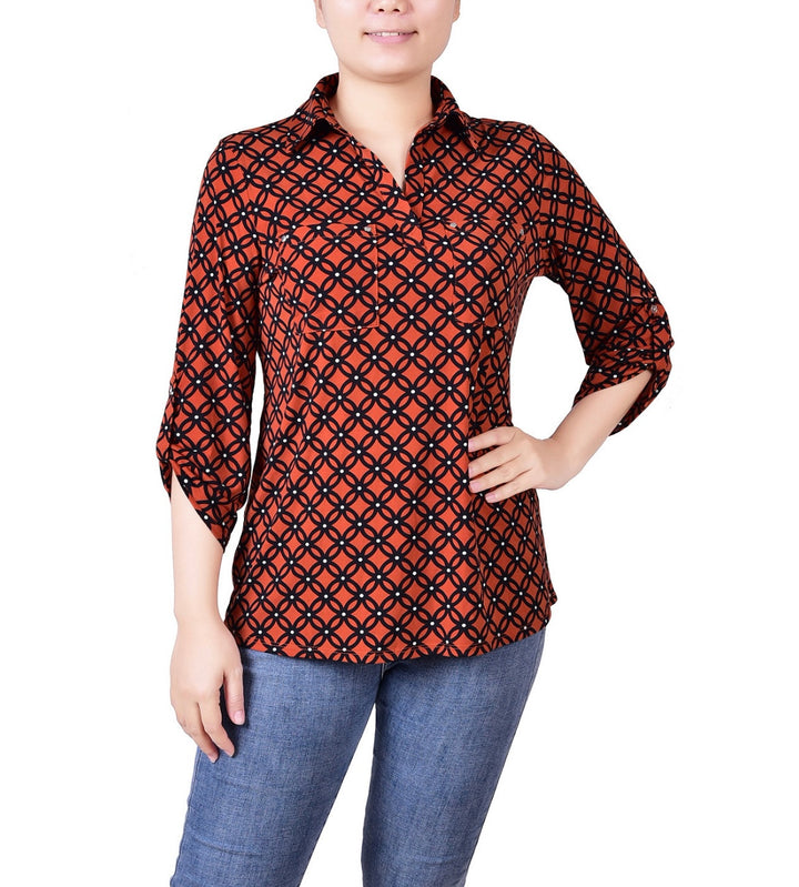 NY Collection Women's 3/4 Ruched Sleeve Studded Y-Neck Top Petite Size PXL