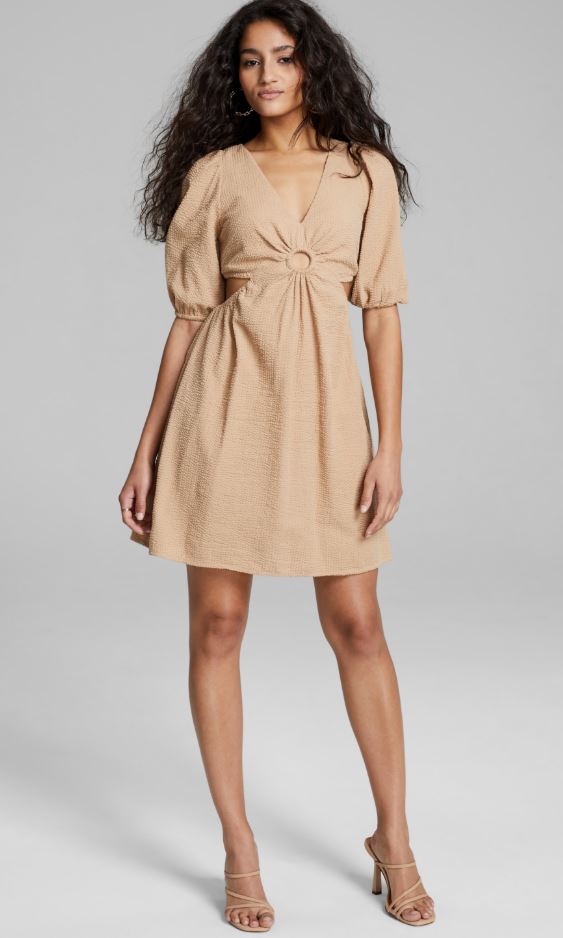 And Now This Women's Keyhole Cotton Mini Dress Camel Brown