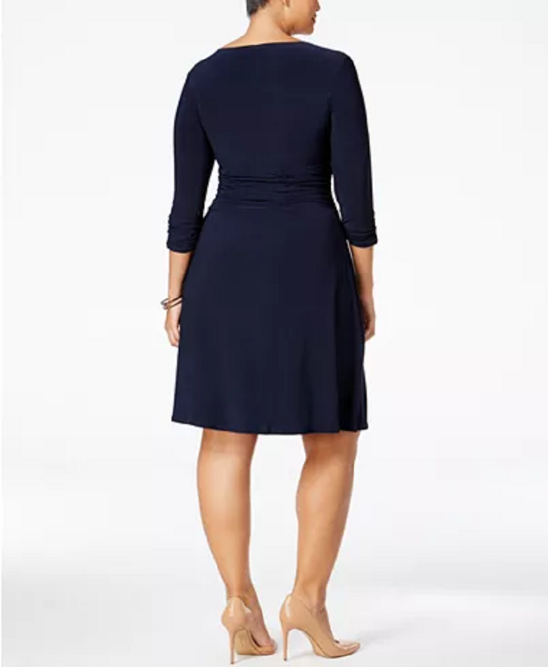 Ny Collection Women's Plus Ruched A-Line Dress 3/4 Sleeve Navy Size 2X