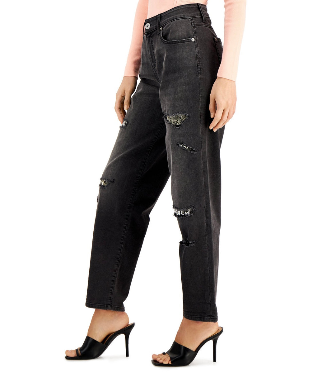 INC International Concepts Women's High Rise Ripped Leopard Boyfriend Jeans Washed Black