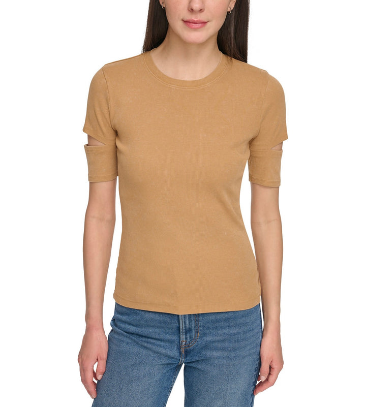DKNY Women's Cutout Short-Sleeve Rib-Knit Top Pecan Size L