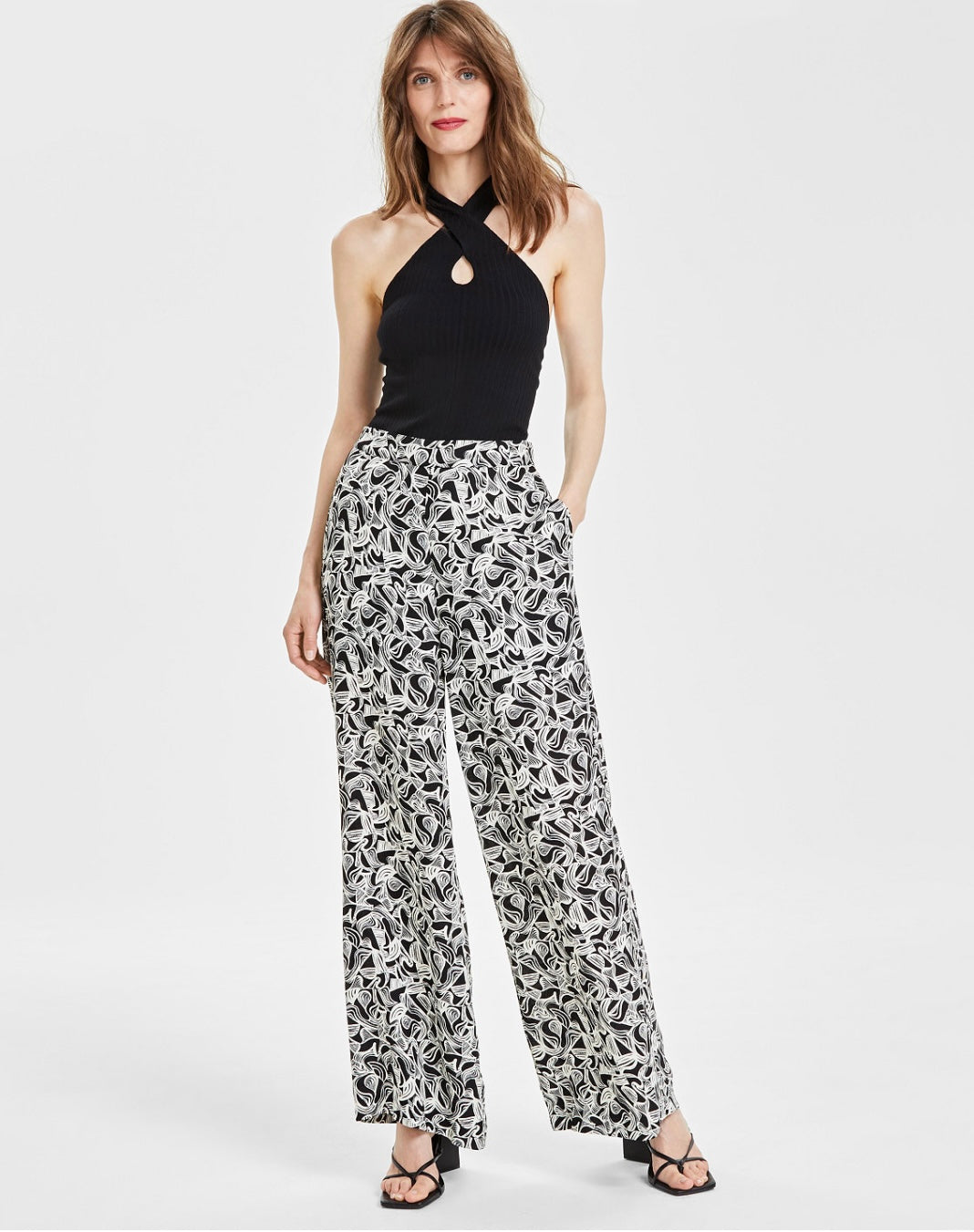 Bar III Women's Side Zip Printed Wide-Leg Pants Kristn Abstract Size 10