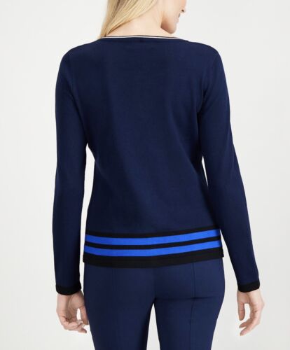 Karen Scott Women's Intrepid Blue Crew Neck Cardigan Contrast Trim Top Size PM