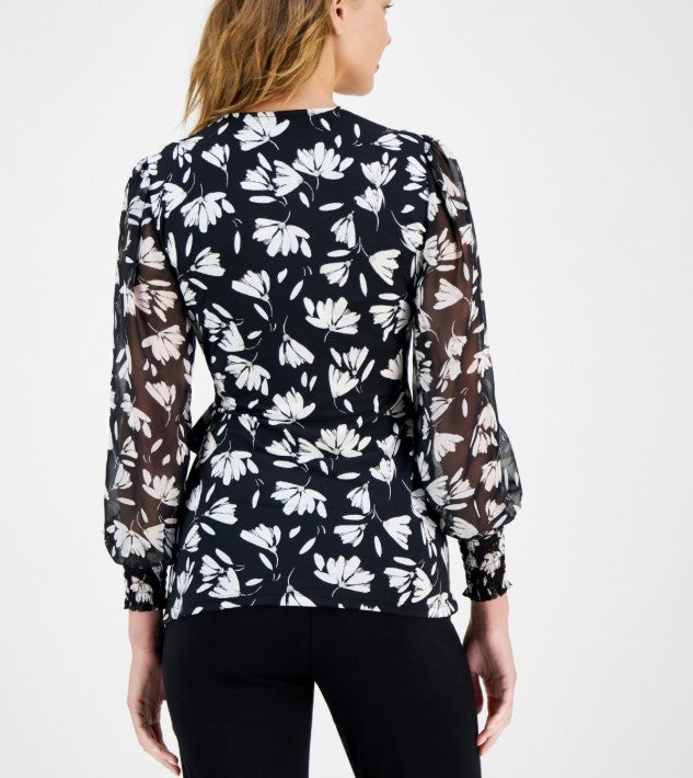 Anne Klein Women's Mixed Media Faux-Wrap Long-Sleeve Top Black White Size XL